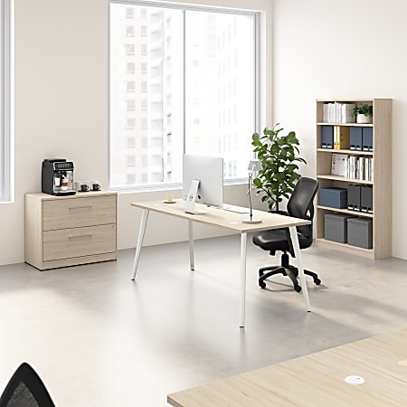 Bush Business Furniture Vista 72"W Desk with Splayed Metal Legs, Lateral File Cabinet, and Bookcase, Natural Elm, Standard Delivery