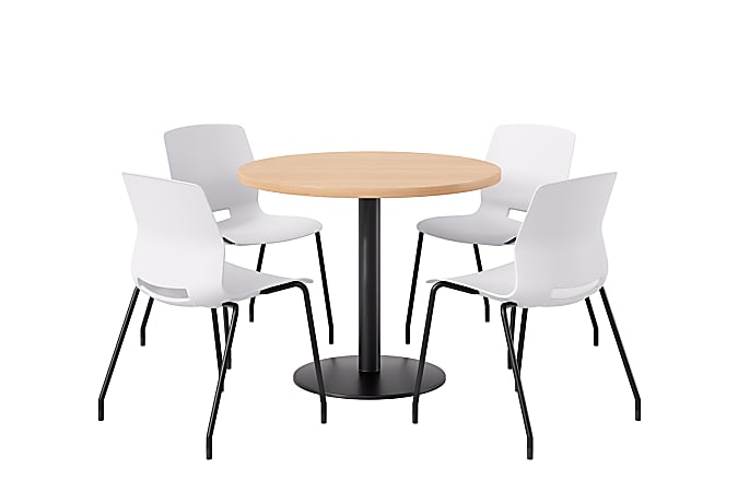 KFI Studios Midtown Pedestal Round Standard Height Table Set With Imme Armless Chairs, 31-3/4”H x 22”W x 19-3/4”D, River Cherry Top/Black Base/Coral Chairs
