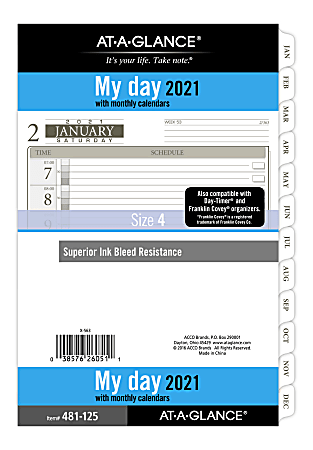 At-A-Glance® Daily Planner Refill, 5-1/2" x 8-1/2", Black/White, January To December 2021, 481-125