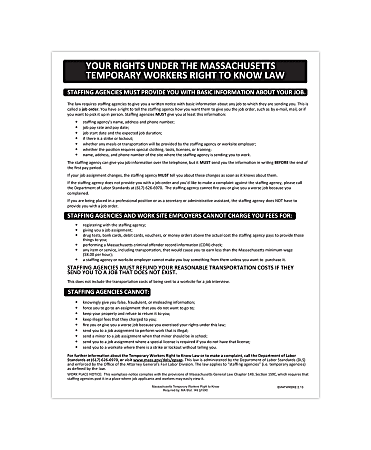 ComplyRight™ State Specialty Poster, Temporary Workers Right To Know Law, English, Massachusetts, 8-1/2" x 11"