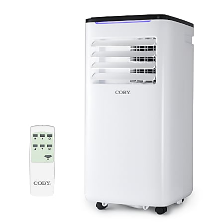 COBY Portable Air Conditioner 3-in-1 AC Unit, Dehumidifier & Fan, 9,000 BTU, 27-1/2”H x 13-15/16”W x 13-5/16”D, White