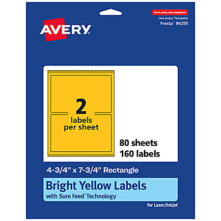 Avery® Print-To-The-Edge Labels With Sure Feed® Technology And Easy Peel®, 94255-BYP80, Rectangle, 4-3/4" x 7-3/4", Matte Bright Yellow, Pack of 160