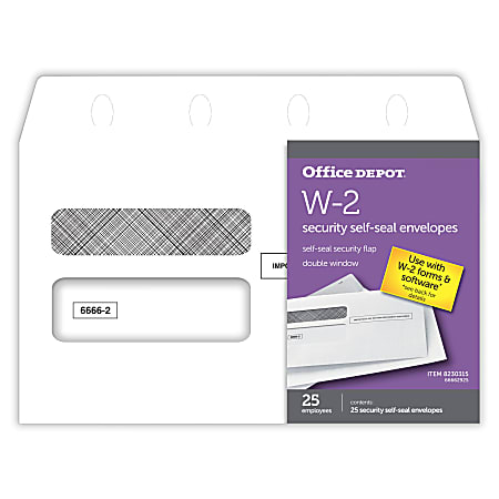 Office Depot® Brand Double-Window Self-Seal Envelopes For W-2 Tax Forms, 9-1/4"W x 5-5/8"H, White, Pack Of 25 Envelopes