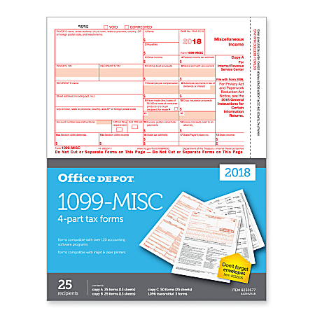 Office Depot® Brand 1099-MISC Inkjet/Laser Tax Forms, 2-Up, 4-Part, 8-1/2"W x 11"H, Pack Of 25 Forms