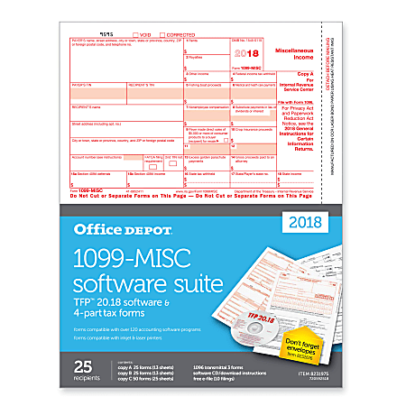 Office Depot® Brand 1099-MISC Inkjet/Laser Tax Forms With Software, 2-Up, 4-Part, 8-1/2"W x 11"H, Pack Of 25 Forms