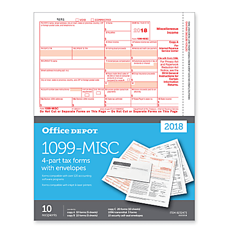 Office Depot® Brand 1099-MISC Inkjet/Laser Tax Forms And Envelopes, 4-Part, 8-1/2"W x 11"H, Pack Of 10