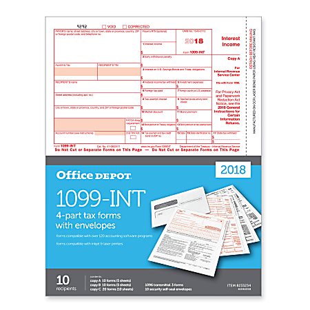 Office Depot® Brand 1099-INT Inkjet/Laser Tax Forms And Envelopes, 2-Up, 4-Part, 8-1/2"W x 11"H, Pack Of 10 Form Sets