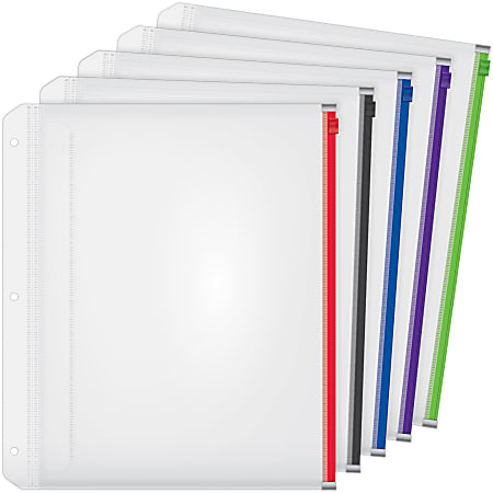 Cardinal Zipper Binder Pockets - 0.50" Maximum Capacity - 100 x Sheet Capacity - For Letter 8 1/2" x 11" Sheet - 3 x Holes - Ring Binder - Rectangular - Blue, Black, Red, Purple, Green - Poly - 5 / Pack