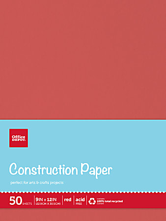 Office Depot® Brand Construction Paper, 9" x 12", 100% Recycled, Red, Pack Of 50 Sheets