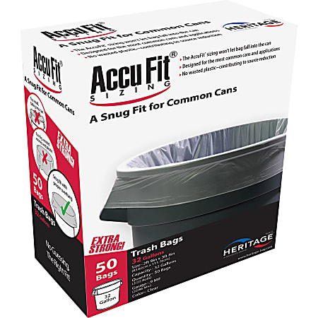 Heritage Accufit Reprime 32 Gallon Can Liners - 32 gal Capacity - 33" Width x 44" Length - 0.90 mil (23 Micron) Thickness - Low Density - Clear - Linear Low-Density Polyethylene (LLDPE) - 6/Carton - 50 Per Box - Garbage