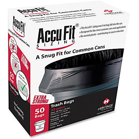 Heritage Accufit Reprime 32 Gallon Can Liners - 32 gal Capacity - 33" Width x 44" Length - 0.90 mil (23 Micron) Thickness - Low Density - Black - Linear Low-Density Polyethylene (LLDPE) - 6/Carton - 50 Per Box - Garbage
