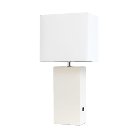 Elegant Designs Modern Leather White Base Table Lamp with USB and White Fabric Shade