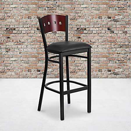 Flash Furniture Decorative Metal/Vinyl Restaurant Barstool With 4 Square Back, Black/Mahogany/Black