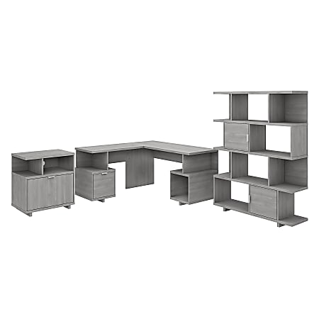 kathy ireland® Home by Bush Furniture Madison Avenue 60"W L-Shaped Desk With Lateral File Cabinet And Bookcase, Modern Gray, Standard Delivery