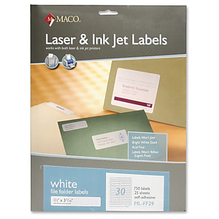 MACO Laser / Ink Jet File Folder Labels - Permanent Adhesive - 2/3" Width x 3 7/16" Length - Rectangle - Laser, Inkjet - White - 30 / Sheet - 1 / Each