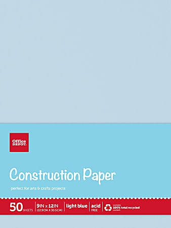 Office Depot® Brand Construction Paper, 9" x 12", 100% Recycled, Light Blue, Pack Of 50 Sheets