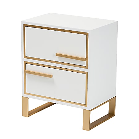 Baxton Studio Giolla Contemporary Glam Metal 2-Drawer End Table, 22”H x 17-3/4”W x 11-13/16”D, White/Gold
