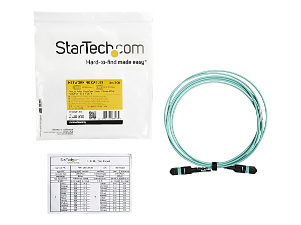 StarTech.com 3m (10ft) MTP(F)/PC OM3 Multimode Fiber Optic Cable, OFNP Plenum, 50/125µm, 40G, Low Insertion Loss, MPO Fiber Jumper Cord