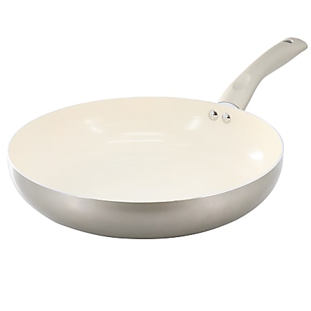 Oster Newcrest Aluminum Ceramic Nonstick Round Frying Pan With Soft Grip Handle, 12”, Silver/Taupe