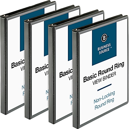 Business Source RounD-Ring View Binder, 1/2" Ring, 8 1/2" x 11", Black, Pack Of 4