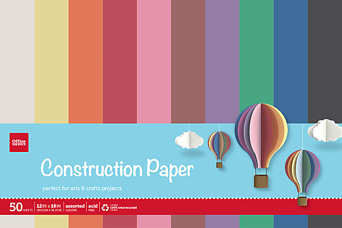 Office Depot® Brand Construction Paper, 12" x 18", 100% Recycled, Assorted Colors, Pack Of 50 Sheets