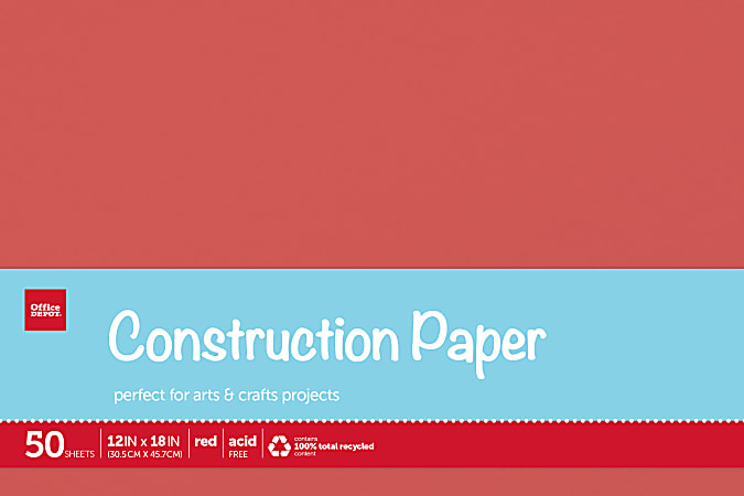 Office Depot® Brand Construction Paper, 12" x 18", 100% Recycled, Red, Pack Of 50 Sheets