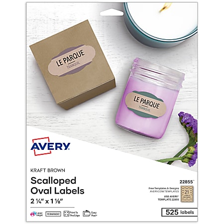 Avery® Print-to-the-Edge Labels, 22855, Oval With Scallop Edge, 1-1/8" x 2-1/4", Kraft Brown, Pack Of 525 Labels