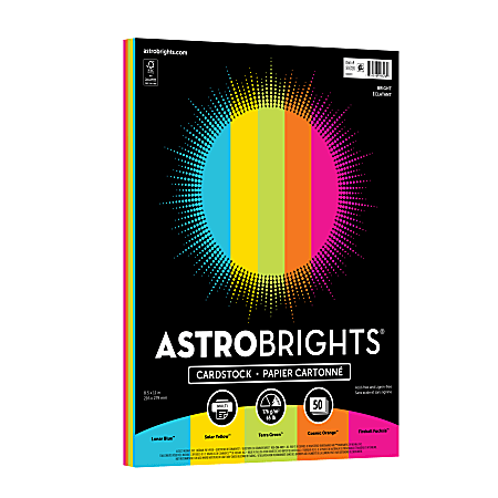 Astrobrights Color Cardstock, 8-1/2" x 11", Bright Assortment, Total Qty 50