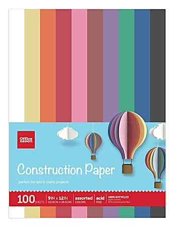 Office Depot® Brand Construction Paper, 9" x 12", 100% Recycled, Assorted Colors, Pack Of 100 Sheets