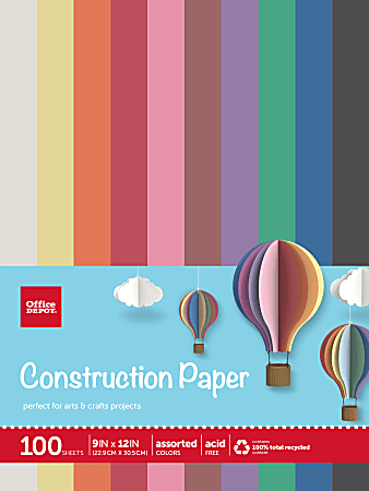 Office Depot® Brand Construction Paper, 9" x 12", 100% Recycled, Assorted, Pack Of 100 Sheets
