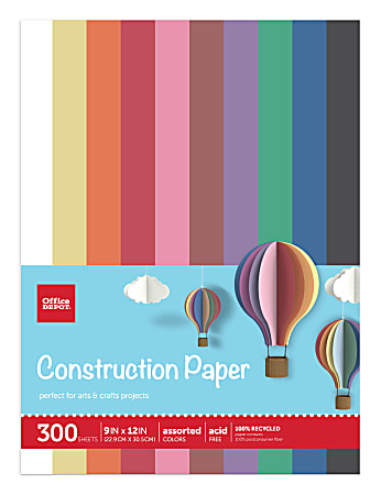 Office Depot® Brand Construction Paper, 9" x 12", 100% Recycled, Assorted Colors, Pack Of 300 Sheets