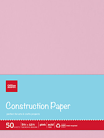 Office Depot® Brand Construction Paper, 9" x 12", 100% Recycled, Pink, Pack Of 50 Sheets