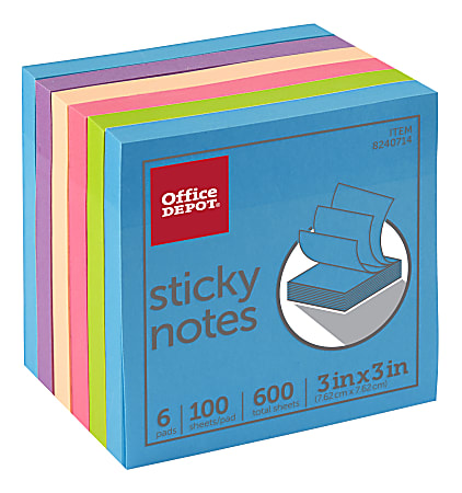 Office Depot® Brand Sticky Notes, 3" x 3", Assorted Neon Colors, 100 Sheets Per Pad, Pack Of 6 Pads