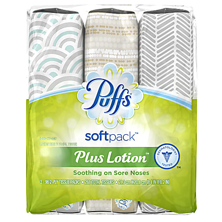 Puffs Plus Lotion 2-Ply Facial Tissues, White, 96 Tissues Per SoftPack, 3 SoftPacks Per Pack, Case Of 3 Packs