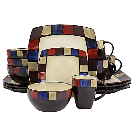 Gibson Elite Soho Lounge Mosaic 16-Piece Square Dinnerware Set, Multicolor