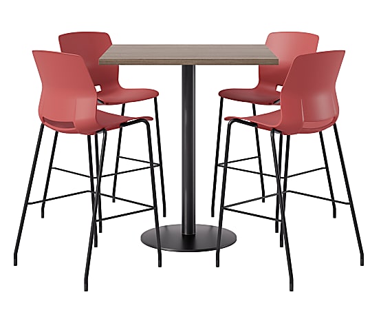 KFI Studios Proof Bistro Square Pedestal Table With Imme Bar Stools, Includes 4 Stools, 43-1/2”H x 42”W x 42”D, Studio Teak Top/Black Base/Coral Chairs