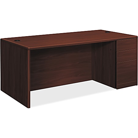 HON 10700 Series Single-Pedestal Desk - 66" x 30" x 29.5" x 1.1" - File Drawer(s) - Double Pedestal on Right Side - Waterfall Edge - Material: Particleboard, Hardwood Trim - Finish: High Pressure Laminate (HPL), Mahogany