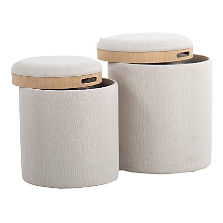 LumiSource Tray Nesting Ottoman Set, Cream/Natural, Set Of 2 Ottomans