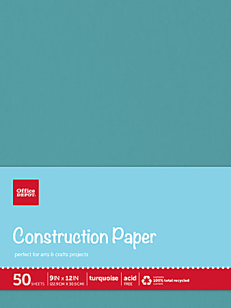 Office Depot® Brand Construction Paper, 9" x 12", 100% Recycled, Turquoise, Pack Of 50 Sheets