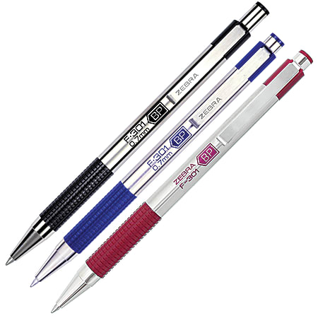 Zebra F 301 Stainless Steel Retractable Ballpoint Pens Fine Point 0 7 Mm Stainless Steel Barrel Assorted Ink Colors Pack Of 4 Office Depot