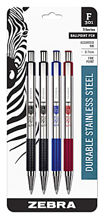 Zebra Pen, Ball Point, Retractable, Stainless Steel, Fine Point 0.7 mm, Black Ink