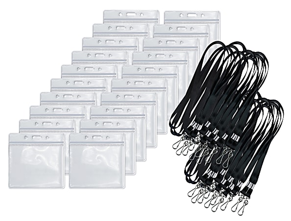 COSCO CDC Vaccine Card Holders, 4-5/16" x 4-7/16", Clear/Black, Pack Of 20 Holders/Lanyards