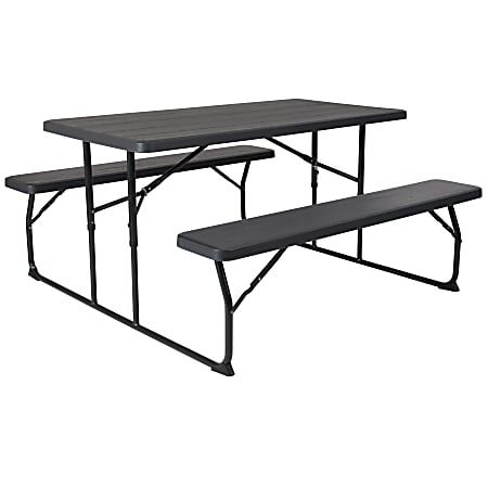 Flash Furniture Insta-Fold Wood-Grain Plastic Folding Picnic Table and Benches, 28-1/4"H x 53-3/4"W x 58-1/4"D, Charcoal