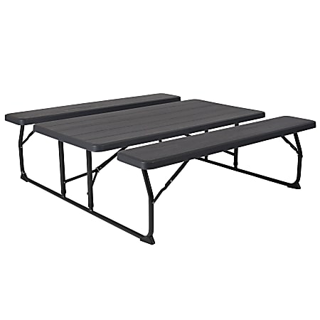 Flash Furniture Insta-Fold Wood-Grain Plastic Folding Picnic Table and Benches, 28-1/4"H x 53-3/4"W x 58-1/4"D, Charcoal