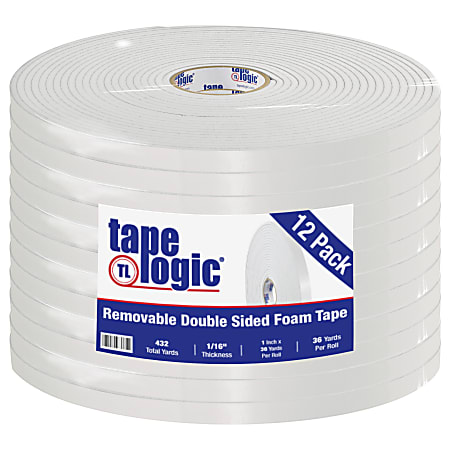 Tape Logic Removable Double-Sided Foam Tape, 1" x 36 Yd., White, Case Of 12 Rolls