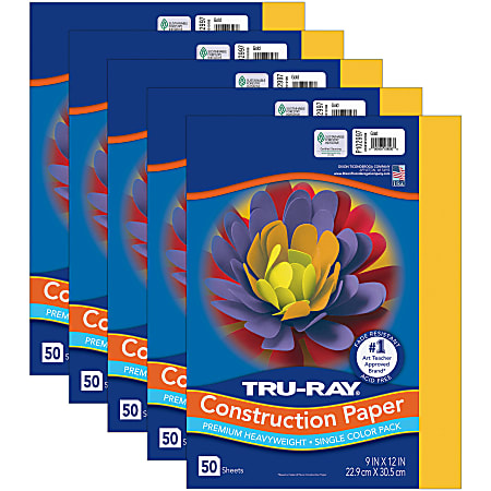 Tru-Ray Construction Paper, Heavyweight, 9" x 12", Gold, 50 Sheets Per Pack, Set Of 5 Packs