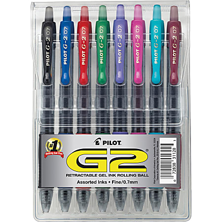 Pilot® G-2™ Retractable Gel Pens, Fine Point, 0.7 mm, Clear Barrels, Assorted Ink Colors, Pack Of 8