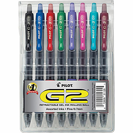 Pilot G 2 Retractable Gel Pens Fine Point 0.7 mm Clear Barrels Assorted Ink  Colors Pack Of 8 - Office Depot