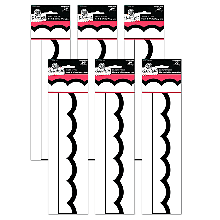 Schoolgirl Style Scalloped Borders, 2-1/4" x 3', Simply Stylish Black & White Wavy Line, 13 Strips Per Pack, Set Of 6 Packs