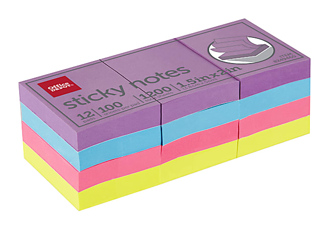 Office Depot® Brand Sticky Notes, 1-1/2" x 2", Assorted Vivid Colors, 100 Sheets Per Pad, Pack Of 12 Pads